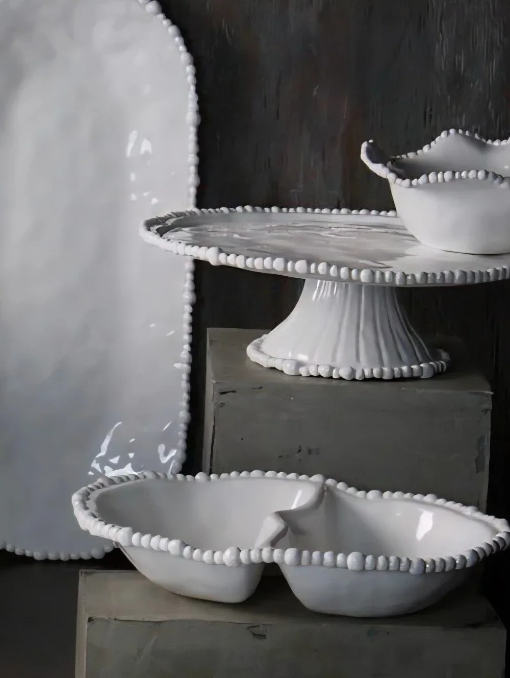 Beatriz Ball Vida Alegria Double Dip White Divided Serving Dish Beaded Rim